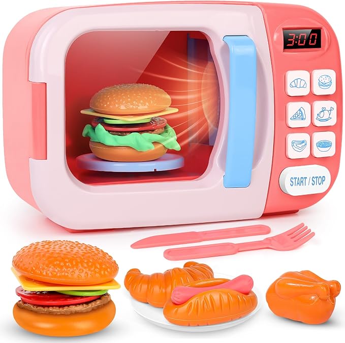 Microwave Kitchen Play Set with Light Sound for Kids with Pretend Fake Food and 6 Color DIY Play-Dough Clay Great for Toddlers 3 and Older Grils and Boys (Pink)