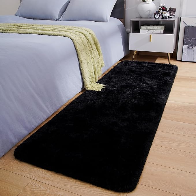 Amearea Shag Fluffy Area Rug for Bedroom Girls Living Room, Extra Soft and Fuzzy Shaggy Rugs, Non Slip, Solid Color Carpet Mat for Boys Nursery Home, Black 2x6 Feet