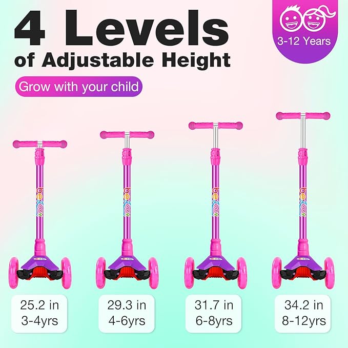 BELEEV A2 Scooters for Kids 3 Wheel Kick Scooter for Toddlers Girls Boys, 4 Adjustable Height, Lean to Steer, Light up Wheels, Extra-Wide Board, Easy to Assemble for Children Gift Sport Toys Ages 3-12