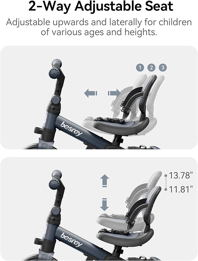 besrey 5 in 1 Toddler Bike, Toddler Tricycle for 1-3 Year Old, Trike with Push Handle, Backrest and Safety Belt, Birthday Gifts and Toys for Boys and Girls, Balance Bike