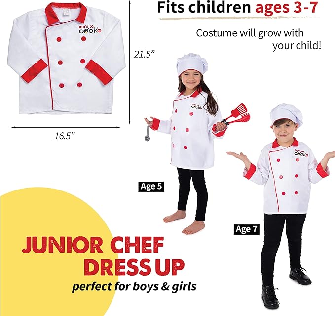 Born Toys Chef Costume for Kids w/ Kids Chef Hat Includes Kids Kitchen Accessories Set Fun Recipe Book - Cooking Set for Kids Costume Washable and Dress Up & Pretend Play for Boys & Girls Ages 3-7
