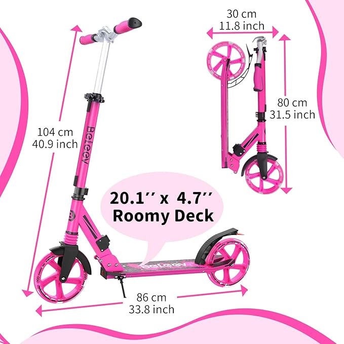 BELEEV V8 Scooters for Kids Ages 6+ with Light-Up Deck, 2 Wheel Folding Scooter for Adults Teens, 4 Adjustable Height, Lightweight Sport Commuter Scooter, Sturdy Frame, Max Load 220 lbs