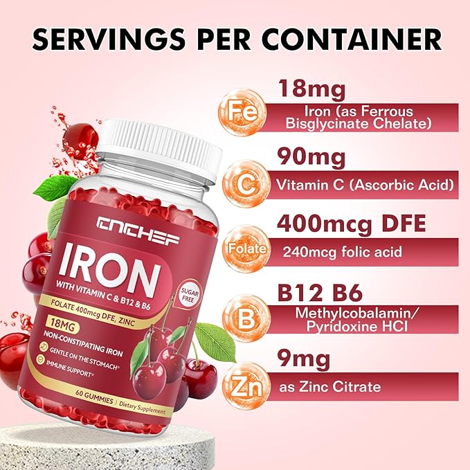 Iron Supplement for Women & Men Gummies, Multivitamin Blood Builder Iron Supplement with Folate Vitamin C B12 B6 Zinc for Adults & Kids - Energy Support - Cherry Flavor, Vegan 60 Gummies