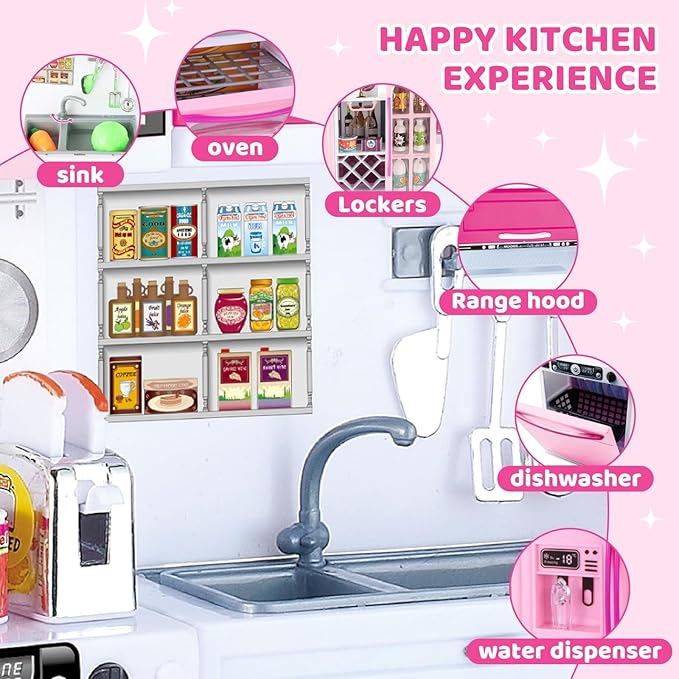 56PCS 5-in-1 Kids Kitchen & Dollhouse Playset – 51 Accessories & 5 Modular Setups, Realistic Lights & Sounds, Easy Assembly Pretend Cooking Toy for Girls Ages 3+