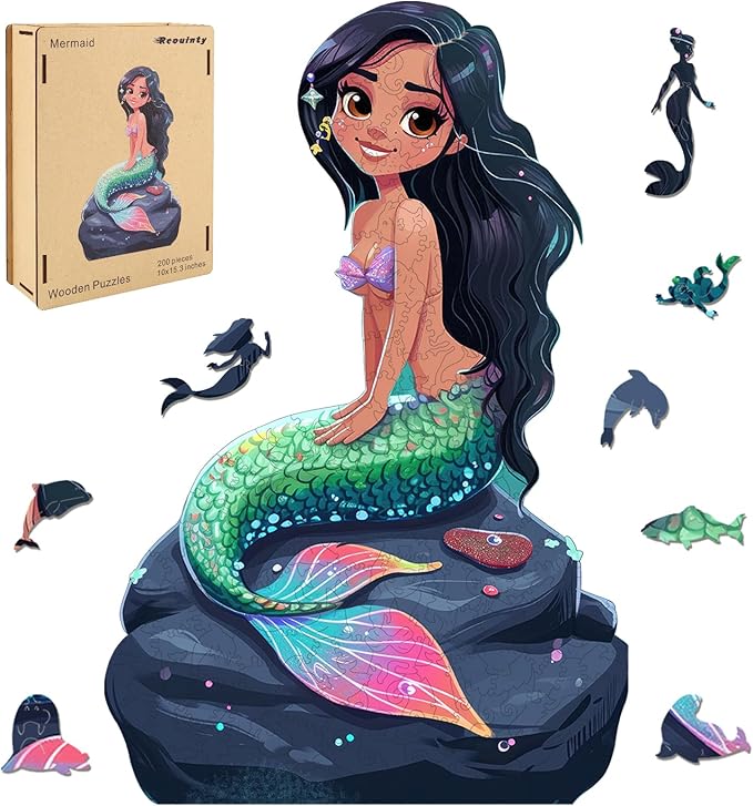 Wooden Puzzle for Adults, Mermaid Wooden Jigsaw Puzzles(15.3 * 23.4in-500pcs), Beautiful Wooden Puzzle with Box Birthday Gifts for Adults and Kids Family Game