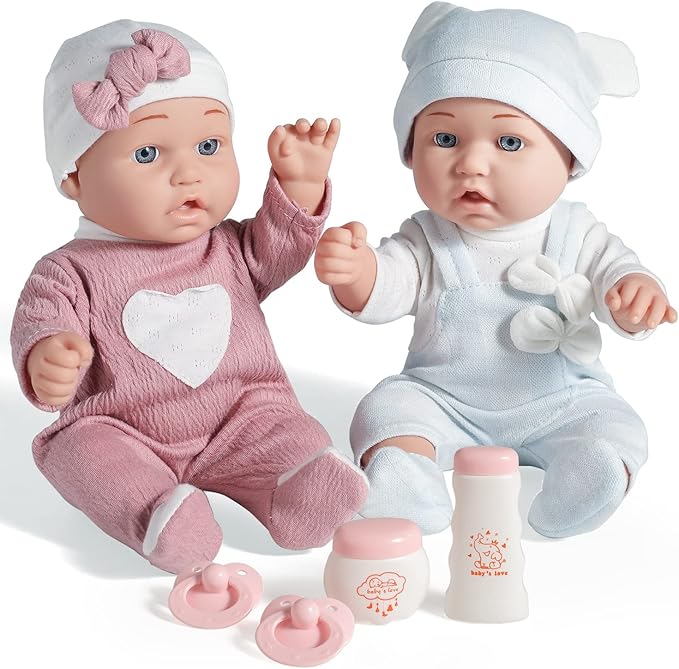 12'' Twins Baby Doll Playset with Accessories Includes Boy and Girl Dolls, 2 Powder Bottles, and 2 Pacifiers, Ideal Gift for Children Age 3+