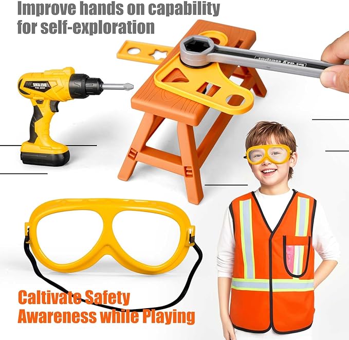 Zealous 48pcs Kids Tool Set with Tool Box & Electronic Toy Drill, Pretend Play Kids Construction Kits for Kids Ages 3-5 Years Old, Toddler Boy Toys (Yellow)