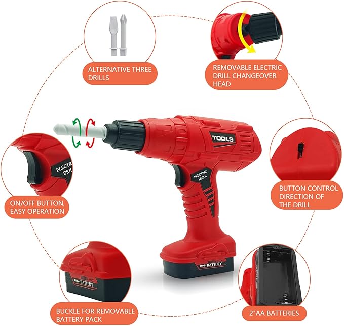 iKaufen Kids 68-Piece Toddler Tool Set with Tool Box & Electric Toy Drill - Pretend Play Construction Toy Set for Boys & Girls Ages 3-6