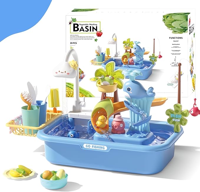 Kids Play Sink with Running Water & Electric Faucet, 4-in-1 Kitchen Sink Toy with Fishing Game, Pretend Play Kitchen Toy Accessories, Role Play Dishwasher Toys for Toddlers Boys Girls Blue