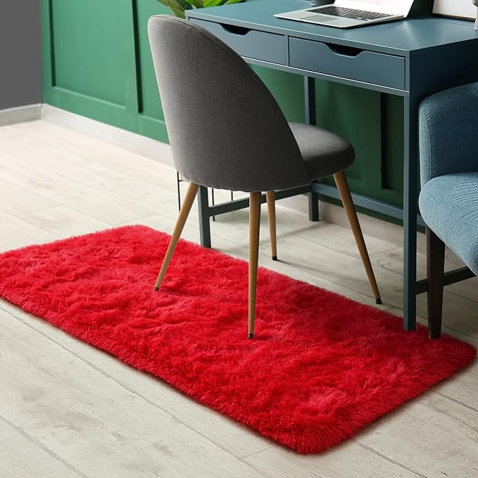 Amearea Shag Fluffy Small Rug, 2x4 Feet Throw Rugs for Bedroom Girls Living Room, Extra Soft and Fuzzy Shaggy Carpet, Non Slip, Solid Color Nursery Home Floor Decor Carpets, Red
