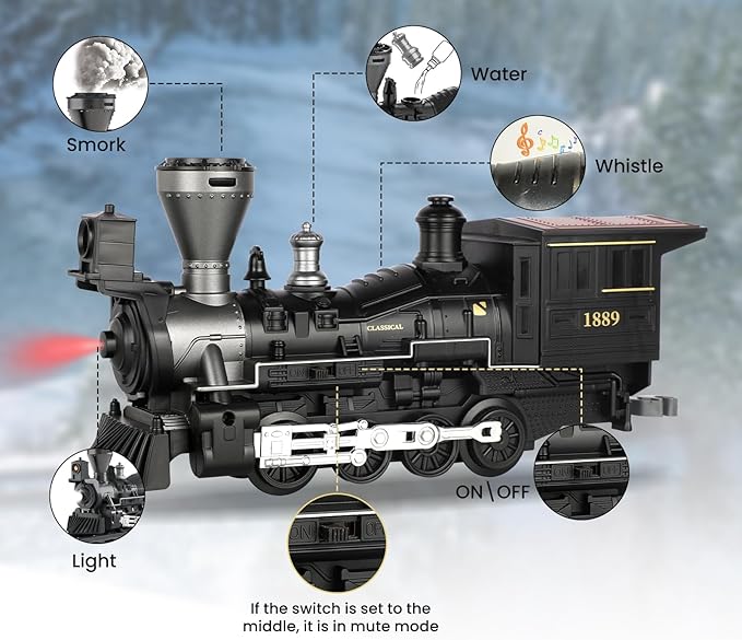 Classic Model Train Set Toy with Steam and Sound, Electric Train for Under The Trees, Cargo Car for Boys & Girls 3 4 5 6 7 Years