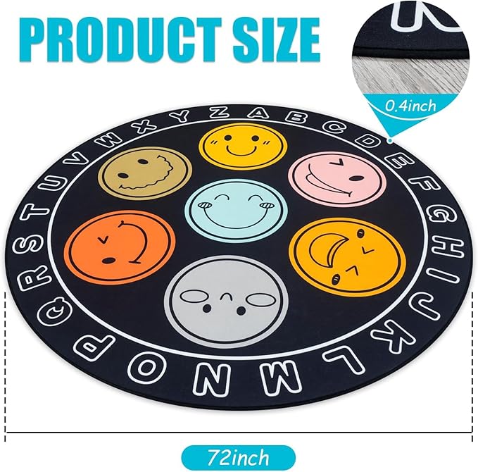 ABC Alphabet Rug for Kids, Classroom Playmat 6ft Non-Slip Circle Rugs for playroom, Round Area Rug for Elementary Classroom, Play Carpet for Boys Girls Bedrooms Playroom,Nursery Rugs