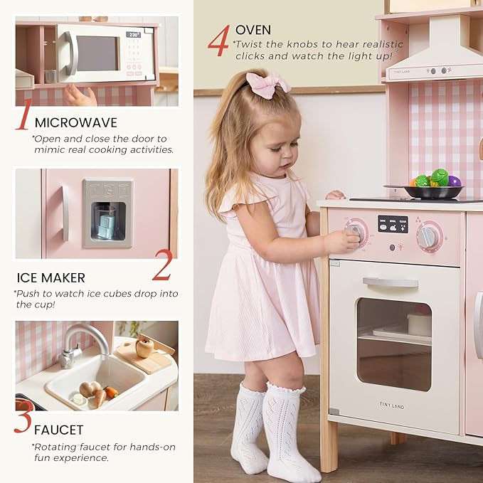 Tiny Land Play Kitchen for Kids, Wooden Kids Play Kitchen Playset Chef Pretend Play Set for Toddlers with Real Lights & Sounds, Toys Kitchen with 18 Pcs Toy Food & Cookware Accessories