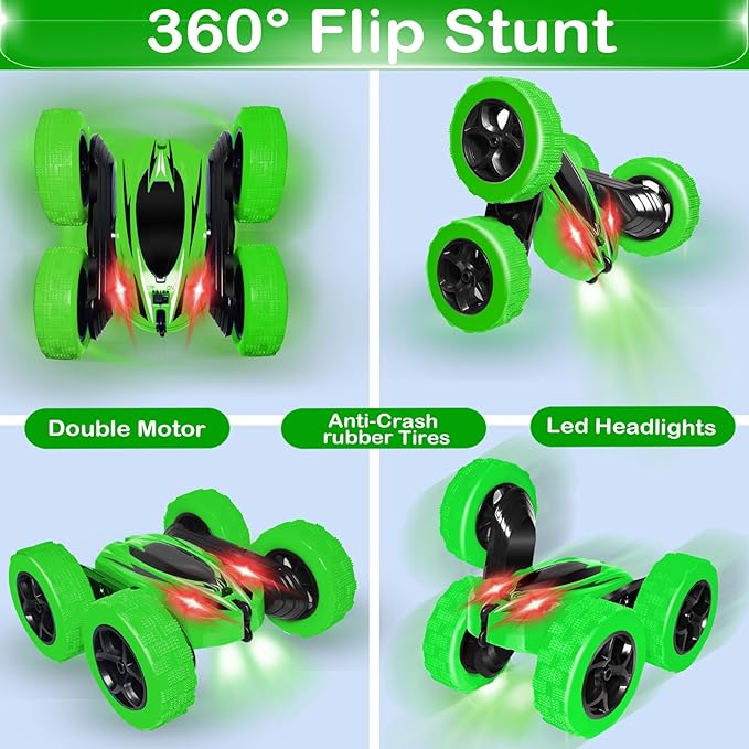 FREE TO FLY Remote Control Car for Boys 8-12: 2.4Ghz Electric Rechargeable Race Stunt Cars Double Sided 360 Rolling Rotating Rotation with Led Headlights