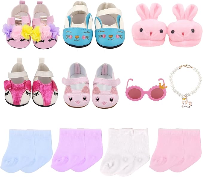 20 Pcs 18 inch Doll Accessories , 5 Pairs of Doll Shoes, 4 Pairs of Doll Socks, 1Pc Doll Sunglasses,1Pc Doll Necklace, Good Gift Holiday Best Gift Present for Girls, Kid