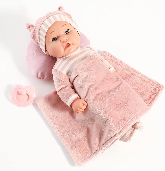 12'' Baby Doll Playset with Washable Doll Accessories Includes Carrier Bassinet Bed, Pacifier, Blanket, and Pillow, First Baby Dolls for Toddlers 36 Months and Up