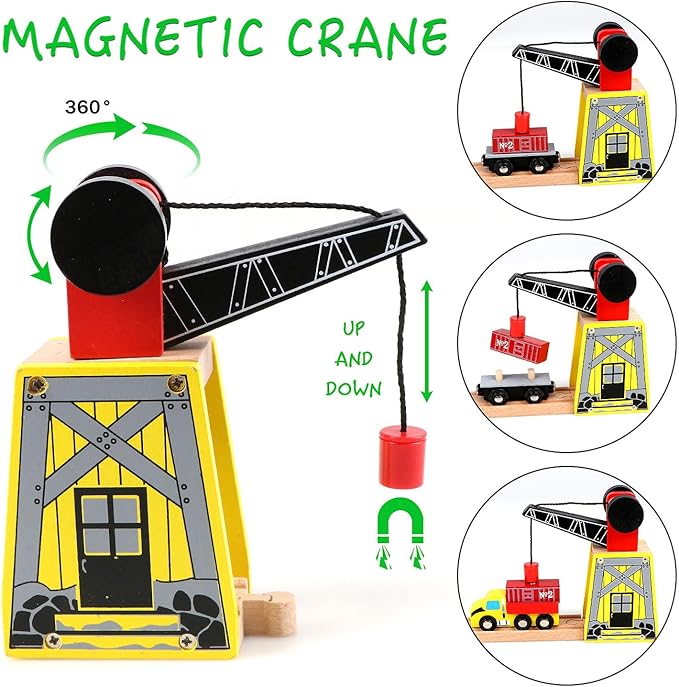 Qilay Wooden Train Set for Toddler - 39 Pcs Wooden Train Tracks with Crane, Bridge & 5 Wooden Trains - Train Toys for 3,4,5 Year Old Boys & Girls - Fit All Major Bands Train Tracks Set