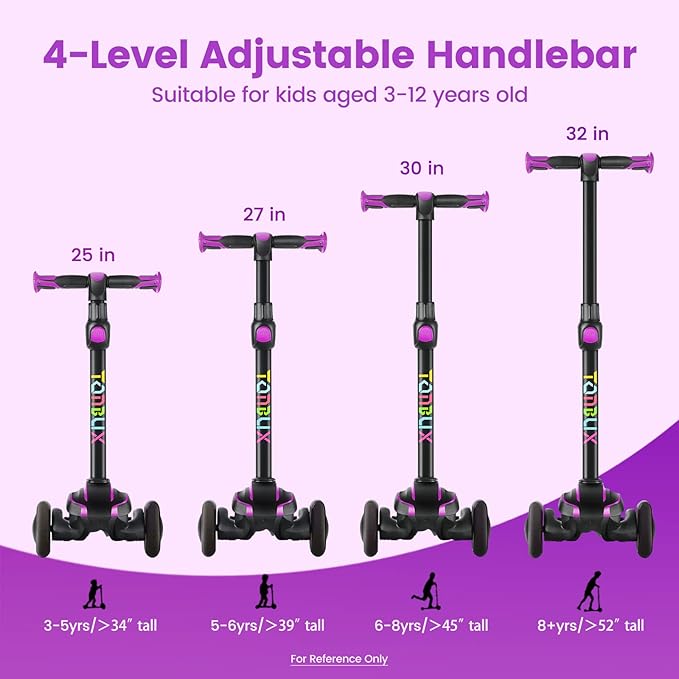 TONBUX Kids Scooter for Age 3-12, Toddler Scooter with 4 Adjustable Heights, Light Up 3-Wheels Scooter, Shock Absorption Design, Lean to Steer, Balance Training Scooter for Kids