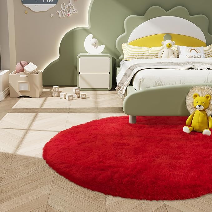 LOCHAS Luxury Round Fluffy Area Rugs for Bedroom Kids Girls Room Nursery, Super Soft Circle Rug, Cute Shaggy Carpet for Children Living Room, 5x5 Feet Red