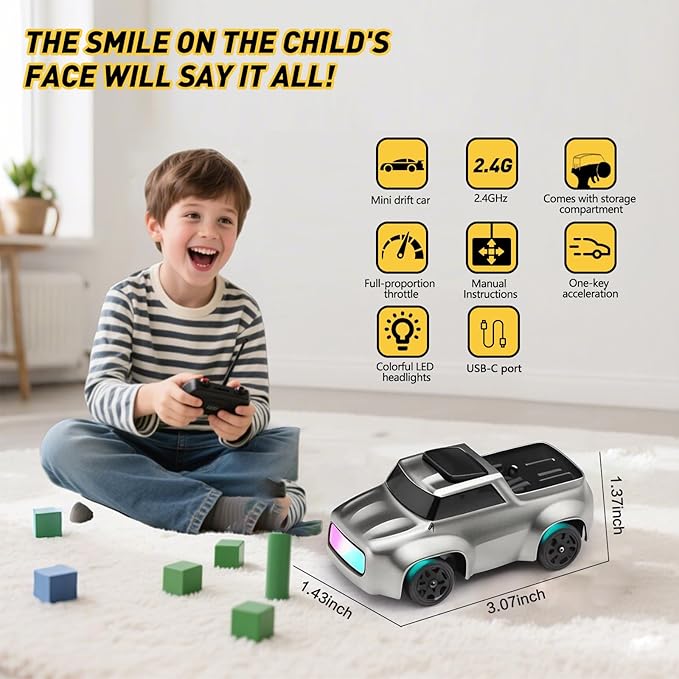 RC Drift Car 1/64 Scale Mini RC, 2.4Ghz Micro Turbo Racing 4WD Desktop Remote Control Rally Car with LED Lights for Adults Kid Toys Gift (Matte Gray Concept Model)