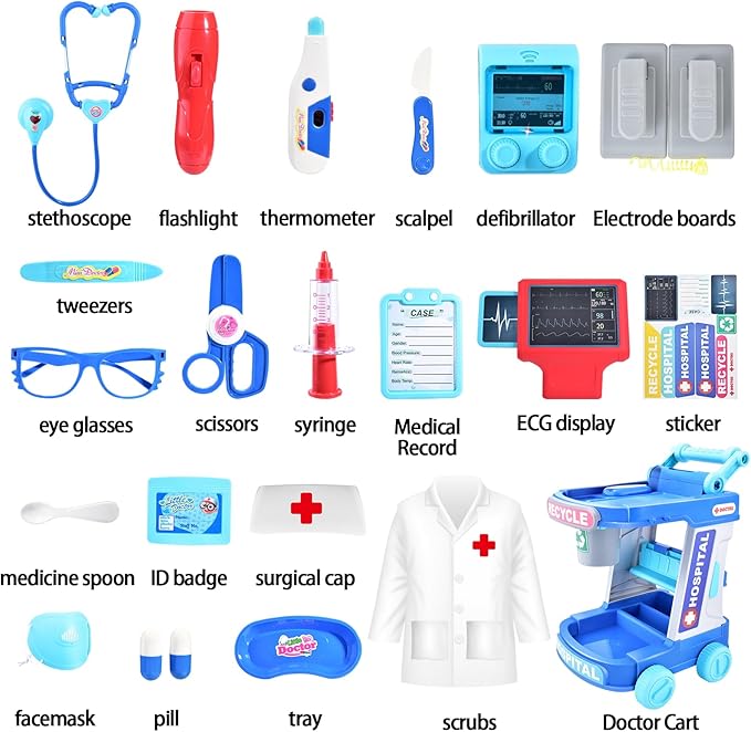 Doctor Kit for Toddlers 1-3-5 Doctors Costume for Kids Dentist Play Set Medical Set Dr Play Set Kids DR Kit Kid Dr Cart Kit Pretend Play Toys for 3 4 5 Years Old Girls