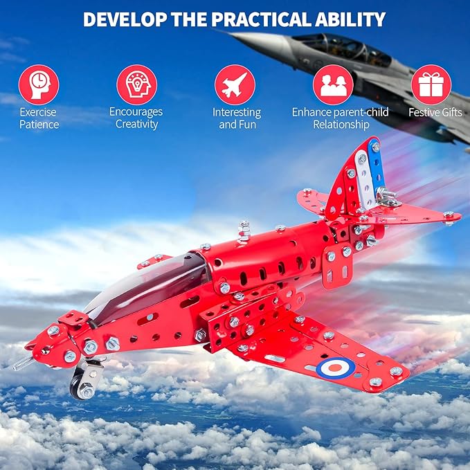 STEM Assembled Model Plane Kit Building Toy, 201 Pieces STEM Projects Airplane Building Kits for Kids Age 8-12, STEM Educational Model Kit Gifts for Teenage Boys & Girls 8+, Red, 7*9*3 inch