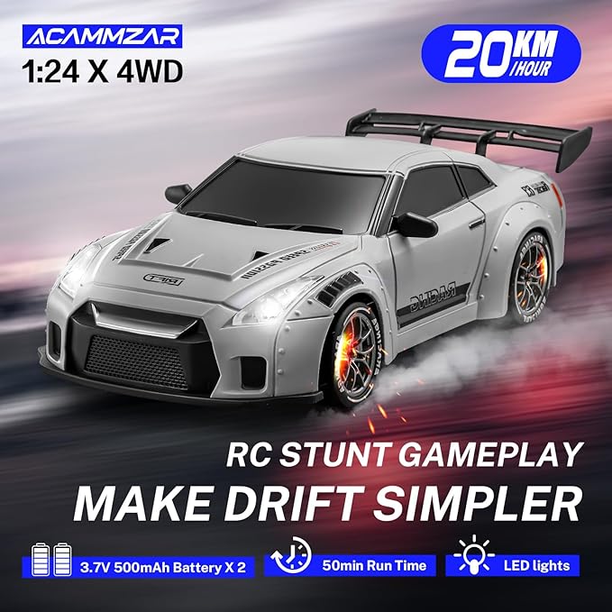 ACAMMZAR RC Drift Car, 1:24 Remote Control Car for Kids, 20KM/H 4WD High Speed RC Cars with LED Lights, Two Batteries, Extra Drifting Tires, Vehicle for Adults Boys Girls