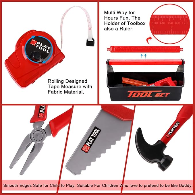 LOYO Kids Tool Set - Pretend Play Construction Toy with Tool Box Kids Tool Belt Electronic Toy Drill Construction Accessories Gift for Toddlers Boys Ages 3 , 4, 5, 6, 7 Years Old (red)