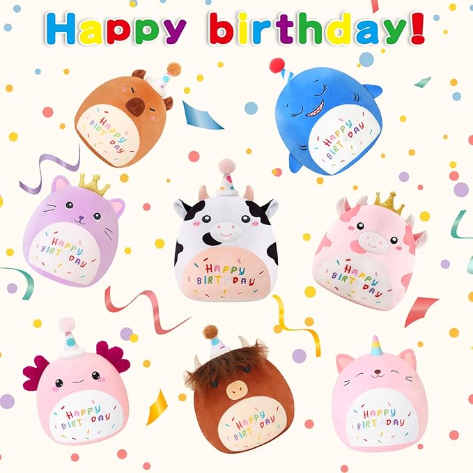 SQEQE Cow Stuffed Animal Kawaii Cow Plushie with Birthday Hat Soft Cow Stuffed Toy Birthday Party Decoration Gift for Kids Girls Boys(Dairy Cow,10 Inch)