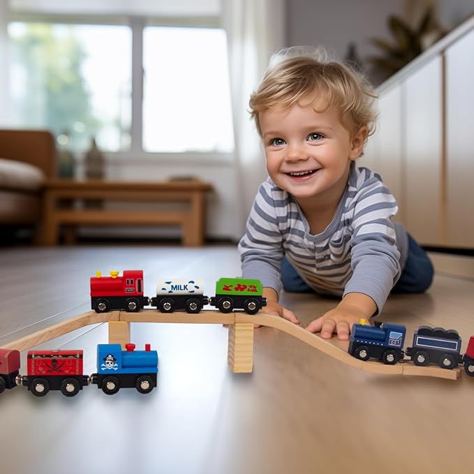 Wooden Train Sets for Toddlers, 9 Pcs Train Toy Magnetic Sets Fits Brio, Thomas, Melissa and Doug, Kids for Boys Girls 3 4 5 Years Old