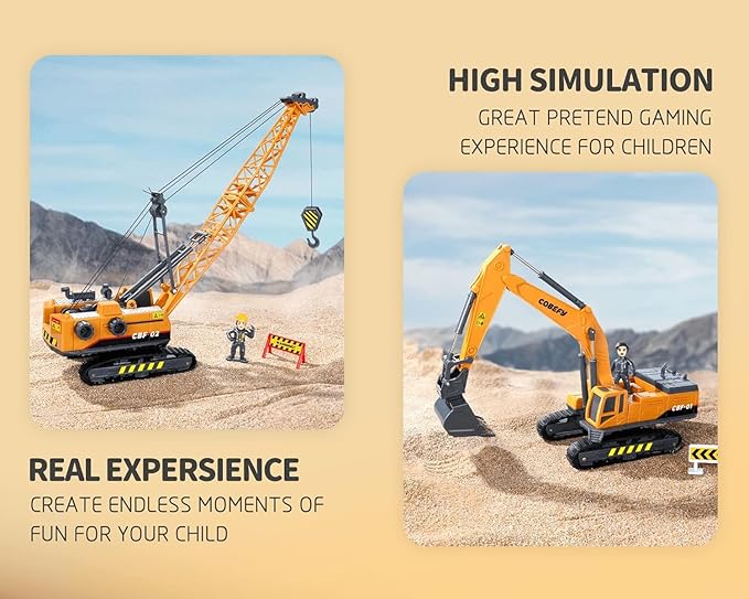 Kids Construction Toys for Boys, Excavator and Crane Trucks, Semi Truck Trailer Lowboy Tractor, Construction Playset for Toddlers, Gift for 3 Years Old and Up, Ideal Birthday Party Favor