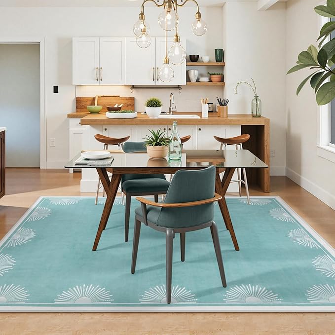 Modern Washable Bedroom Rugs 5x7, Low Pile Soft Teal Rug for Living Room, Aqua Sun Printed Dining Room Rugs for Under Table Throw Carpets for Nursery Kids Room(5'x7',Teal)