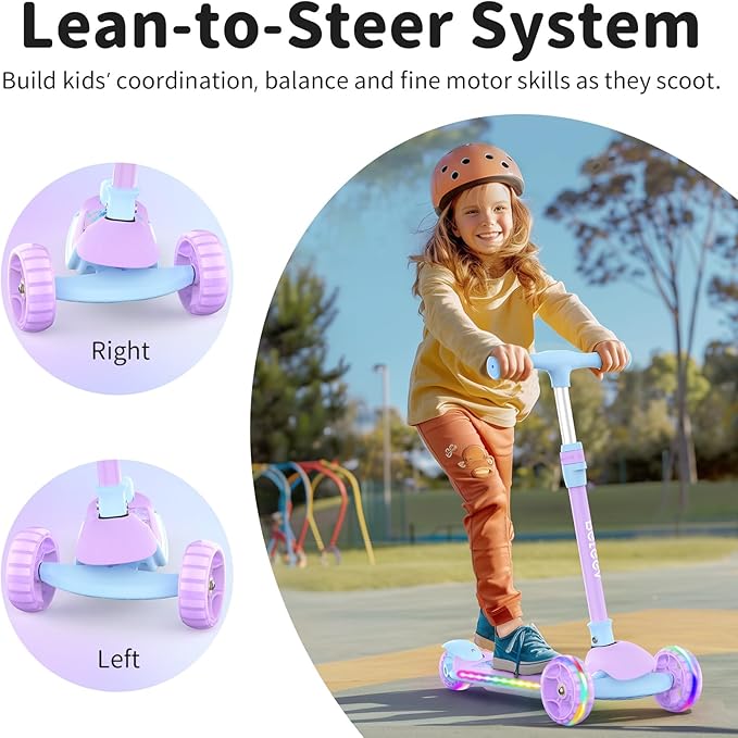 BELEEV A9 Kids Scooter with LED Light-Up Wheels & Deck, 3 Wheel Folding Scooter for Toddlers Girls Boys Ages 3-12, Adjustable Handlebar, Lean to Steer, Extra-Wide Wheels, Kick Scooter for Children