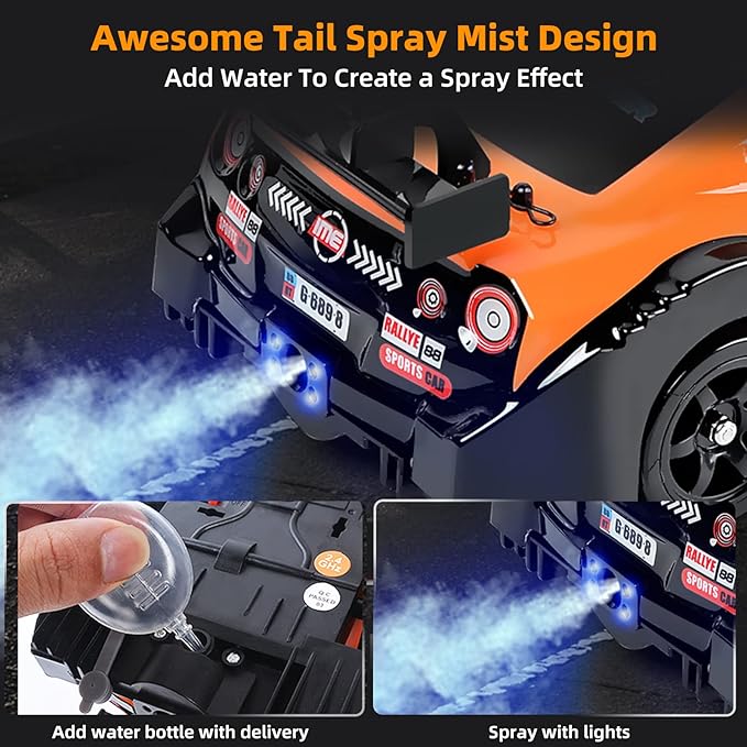 1/16 4WD RC Drift Car, 2.4GHz 4WD Remote Control Car, 18KM/H+ High Speed, LED Lights, Sprayer, Rechargeable Battery, Extra Tires, Unisex Children (8+), Black