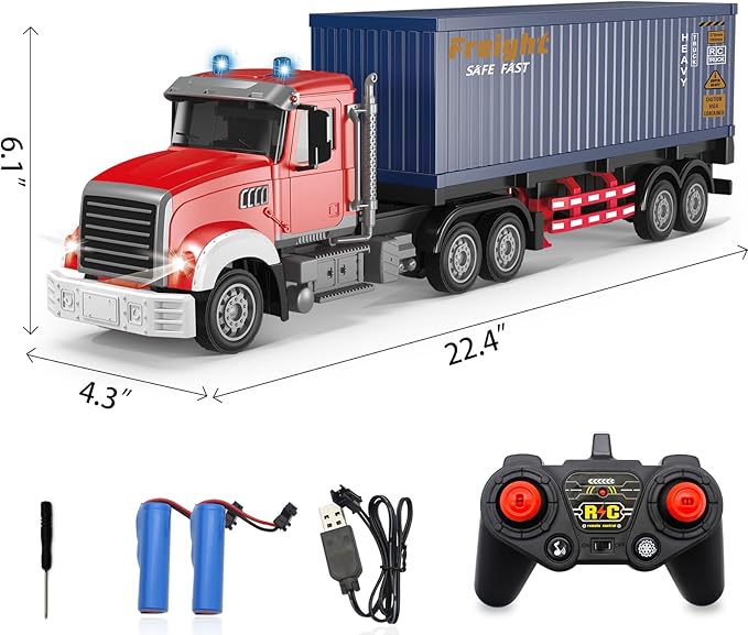 Mostop RC Semi Truck with Trailer - 22.5 Inch Remote Control Semi Truck Toy for Kids, 1:24 Scale Container Truck with 2 Batteries, Carrier Van Transport Vehicle with LED Light & Music,Great Gift