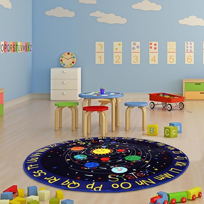 4ft Round Solar System Rug for Kids Bedroom Non Slip Outer Space Rugs Kids Play Mat Ultra Soft ABC Alphabet Learning Planet Carpet Low Pile Circle Area Rug for Playroom Classroom Nursery Blue