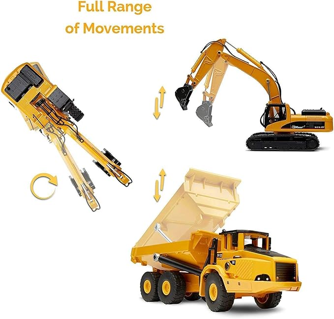 Top Race Construction Toys Set - Metal Excavator Toy, Dump Truck for Kids - Realistic Toy Trucks with Moving Parts for Indoor, Outdoor Play - Durable Construction Vehicles for Boys and Girls