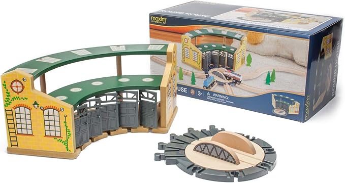 inc. Wooden Train Round House Combo with Rotating Turntable, Train Shed to House 5 Engines or Cars, Wooden Train Track Accessories Compatible with Major Brand Railway Sets