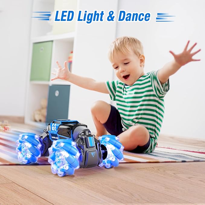 Powerextra Gesture Rc Car, 4WD 2.4GHz Remote Control Gesture Sensing Car, Double Sided 360° Rotating Off Road Rc Stunt Car with Lights & Music, Toy Car for 6-12 Year Old Boys & Girls (Blue)