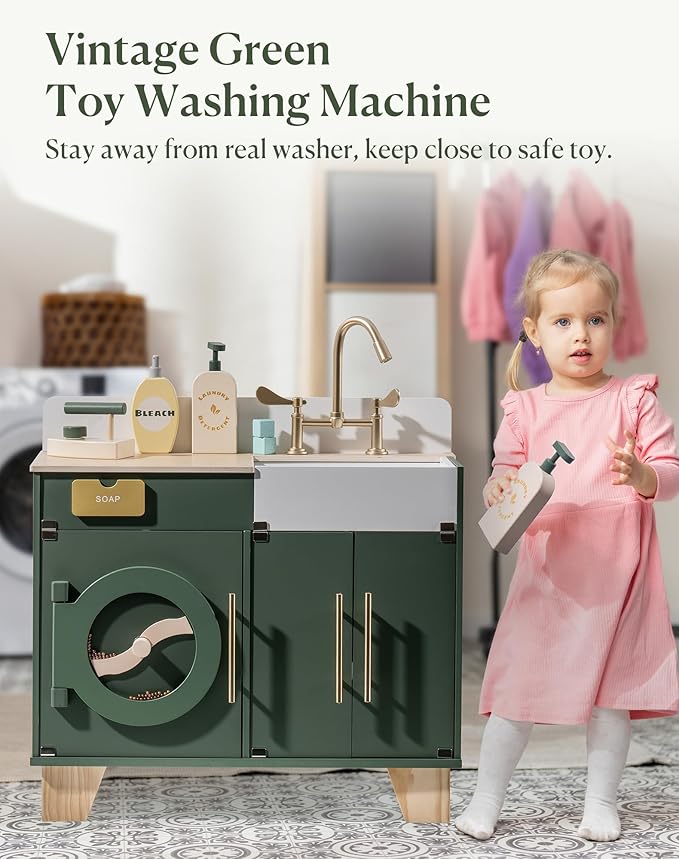 ROBOTIME Play Kitchen Set- Wooden Toy Washing Machine, Kids Washer and Dryer for Kids Kitchen Playset with Realist Sound/Iron, Pretend Play Kitchen for Toddlers (Vintage Green)