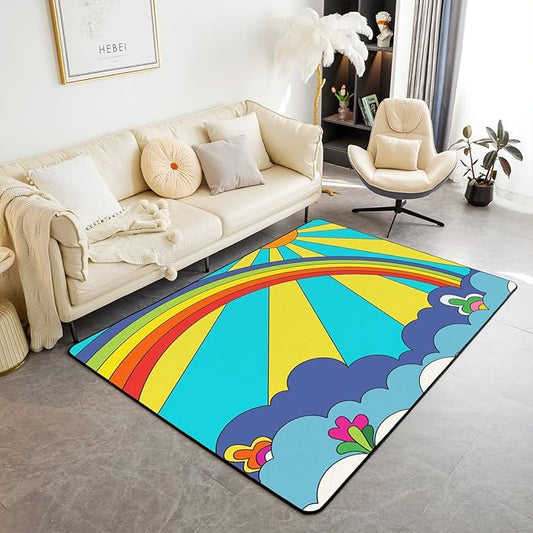 Erosebridal Boho Sun Area Rug 4x5 Bohemian Rainbow Rug for Girls,60S 70S Trippy Carpet Hand Drawn Nature Hippie Floral Clouds Colorful Non Slip Decorative Rug for Living Room