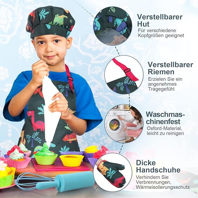 Anpro Complete Kids Cooking and Baking Set - 27 Pcs Includes Aprons for Girls, Chef Hat, Mitt & Utensil to Dress Up Chef Costume Career Role Play for 3-7 Years Boys