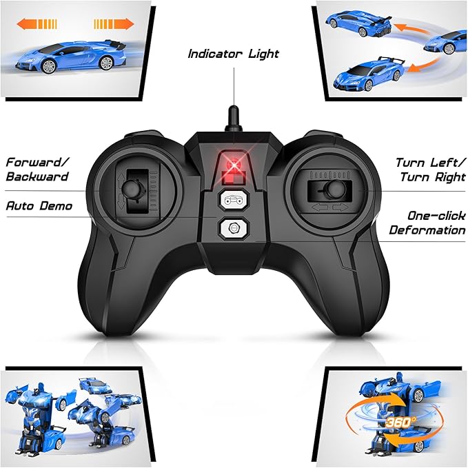 Remote Control Car，Transform Robot RC Cars with Cool LED Headlights, 2.4Ghz Toys Car with 360 Degree Rotation and One-Button Deformation, Christmas Birthday Gifts for Boys Girls(Blue)