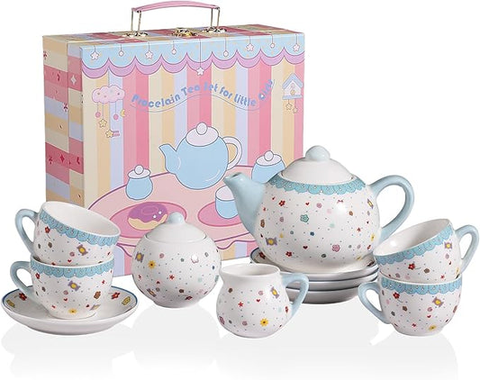 Sweejar Porcelain Tea Set for Little Girls,Kitchen Toys Tea Party Set for Kids Toddler Kitchen Pretend Toy Include Children Teapot, Cup & Saucer Sugar Bowl and Cream Pitcher(Sweet)