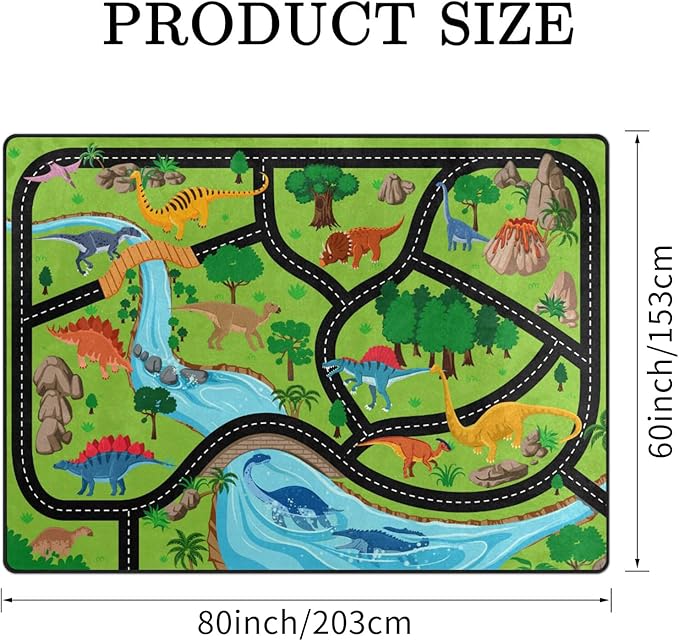 Kids Rug, Jurassic Forest Park Road System Playmat Rugs - 5x7 Ft Kids Carpet with Rubber Backing, Stegosaurus Spinosaurus Dinosaur Play Mat Great for Playing with Cars for Bedroom Playroom Nursery Rug