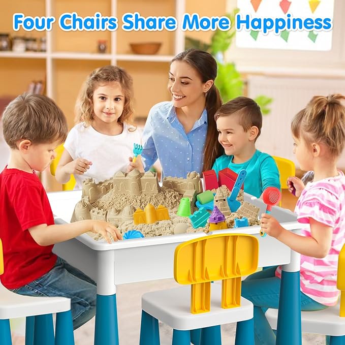 Toddlers Kids Table and Chair Set: Activity Table with 152Pcs Large Marble Run Building Blocks 4 Chairs Storage All in One Play Sensory Table Water Table Sand Table for Boys Girls 3-10 Year Old