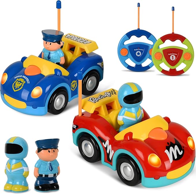 Haktoys Toddler Remote Control Cars 2-Pack – RC Toy Vehicles for Kids Ages 2-5, Boys & Girls – Police & Race Car Set with Independent Controllers for Simultaneous Play