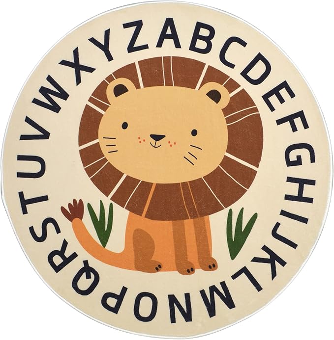 Kid Rugs Animal Play Rug 4Ft Large Round Lion Play Mat Soft Alphabet Educational Area Rug Nonslip Circle Baby Crawling Mat for Boys Girls Carpet for Kids Playroom Nursery, Sitting
