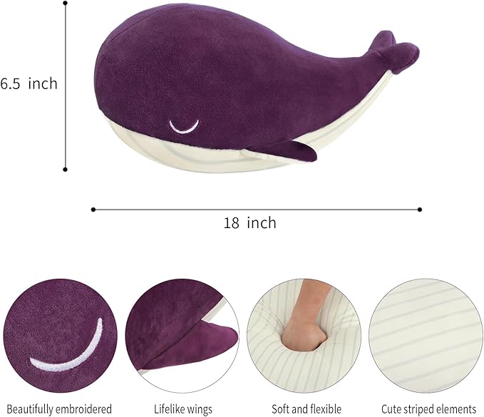 MUPI Whale Stuffed Animals Plush Pillow 4 Size Cute Soft Cotton Plushies Pillows Kawaii Blue Whale Toy Gifts for Kids Boys Girls Adults (Purple, 18 Inch)