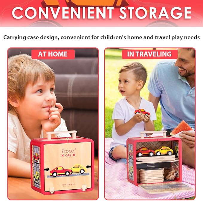 Wooden Toy Car Set for Toddlers, Car Track and Parking Garage Playset, Toy Vehivle Set with Blocks Storage Box for Kids Boys and Girls